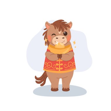 Çin 'in yeni yılı şirin at burcunda kırmızı kıyafetli altın külçeler var.