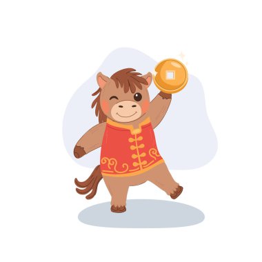 Çin 'in yeni yılını kutlayan altın sikke taşıyan şirin at çizgi film karakteri.