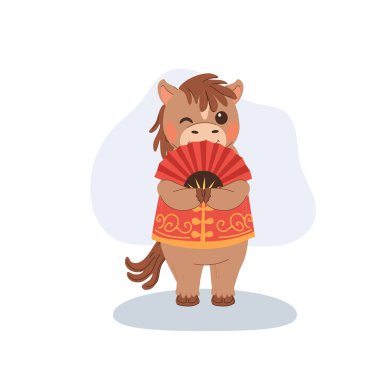 Çin 'in yeni yıl çizgi filmi at zodyak karakteri geleneksel Çin kostümü içinde elinde kırmızı yelpaze tutuyor.