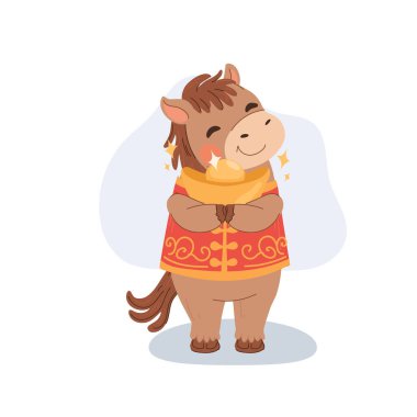 Kırmızı ve altın kostümlü gülen at burcu karakteri. Tebrik kartları için uygun.