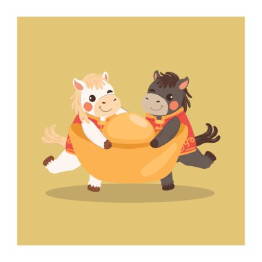 Geleneksel kıyafetler giyen iki sevimli zodyak atı Çin 'in yeni yılında altın külçeler taşır.