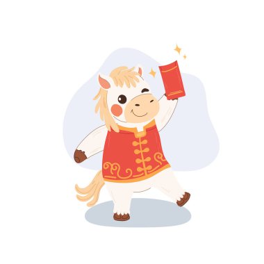 Beyaz at Çin Yeni Yıl Resimlerinde kırmızı zarf içinde şenlikli zodyak karakteri