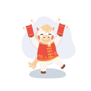 Mutlu beyaz at zodyak karakteri Çin 'in yeni yılını kutluyor. Yeni yıl festivalinde her iki elinde de kırmızı zarflar var.