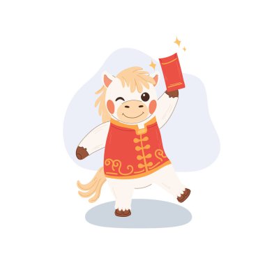 Beyaz at Çin Yeni Yıl kutlamaları kırmızı zarf ile şirin neşeli karakter