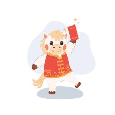 Ay 'ın yeni yılını ang pao ile kutlayan sevimli beyaz at burcu karakter.,