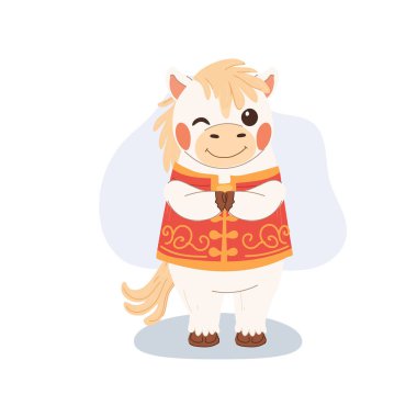 Çin 'in yeni yılı için beyaz at çizgi filmi çizimi. Zodyak hayvan karakteri iyi şansı ve refahı temsil eder.