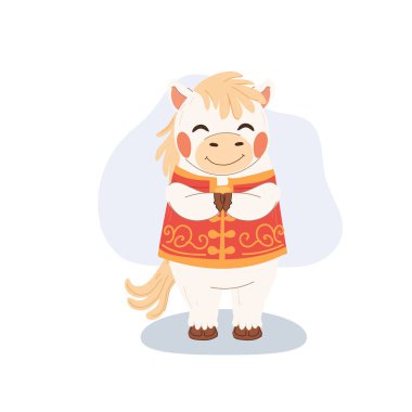 Yeni yıl kutlamaları için geleneksel kırmızı kostümle Çin Yeni Yılı Beyaz At Çizimi