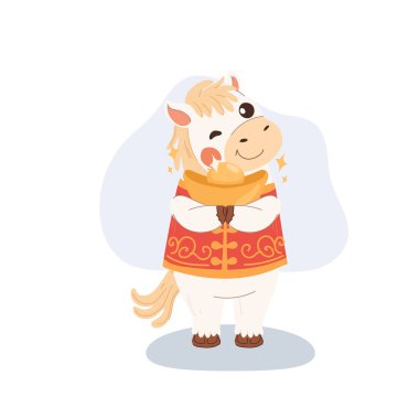 Çin Yeni Yılı Beyaz At çizgi filminin elinde altın renkli, şenlikli zodyak çizimi var.