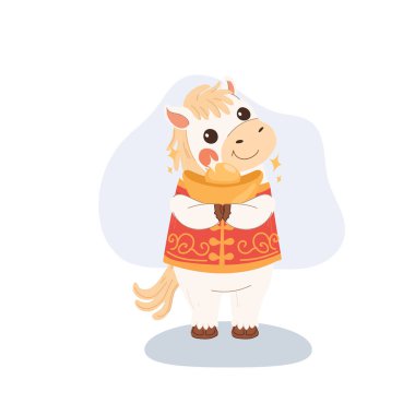 Çin Yeni Yılı 'nda elinde altın külçeli tatlı beyaz at burcu karakteri, geleneksel kırmızı kıyafetler giymişti.,