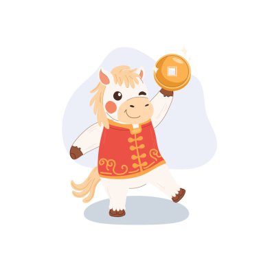 Çin Yeni Yılı Beyaz At Altın Para Zodyak İllüstrasyonu