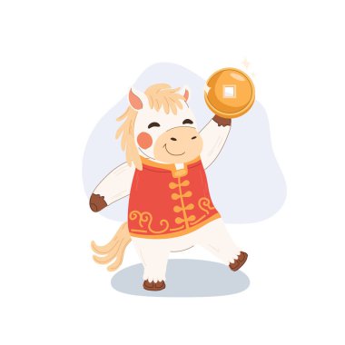 Çin 'in yeni yılını kutlayan şirin beyaz at altın bir Çin sikkesini kaldırırken gözleri kapalı kutluyor. Zodiac illüstrasyonu