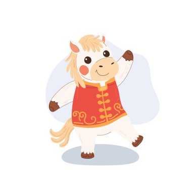 Tatlı beyaz at dansı ve geleneksel kıyafetlerle Çin 'in yeni yılını kutlamak.