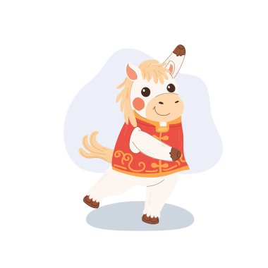 Çin 'in yeni yılını geleneksel kıyafetlerle kutlayan tek kollu şirin beyaz at dansı.