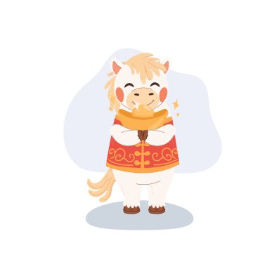 Sevimli beyaz at, gözleri kapalı altın bir külçeye sarılıp Çin 'in yeni yılını kutluyor.