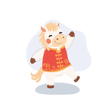 Sevimli beyaz at, gözleri kapalı, geleneksel kıyafetle Çin 'in yeni yılını kutlamak için mutlu bir şekilde dans ediyor.