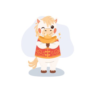 Çin 'in yeni yılını kutlayan altın bir külçeyi tutarken beyaz at göz kırpıyor.