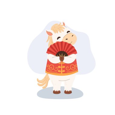 Gözleri kapalı şirin beyaz at. Elinde Çin 'in yeni yılını kutlayan kırmızı bir yelpaze var.