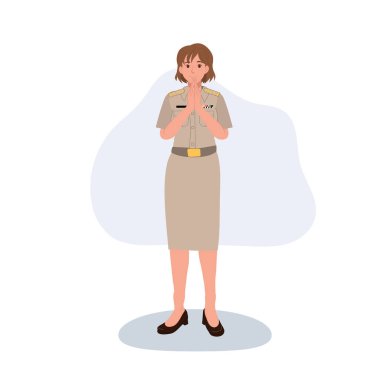 Taylandlı devlet memuru kadın resmi haki üniformasıyla karşılama yapıyor..