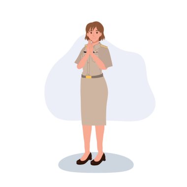 Tayland resmi üniformalı Asyalı kadın devlet memuru wai jestiyle selamlıyor..