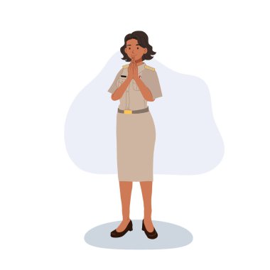 Thai hükümet memuru kadın karakter geleneksel wai selamlama illüstrasyonunu gerçekleştiriyor