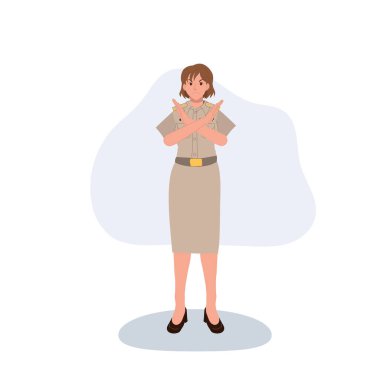 Devlet memuru üniformalı profesyonel kadın el işaretini gösteriyor.