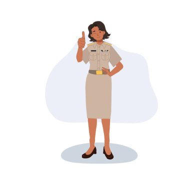 Resmi devlet üniformalı Taylandlı kadın gülümsemesi ve onay jesti ile tüm vücuduyla ayakta duruyor.