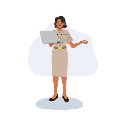 Resmi üniformalı memur kadın dizüstü bilgisayarlı düz tasarım resimlerini sunuyor.