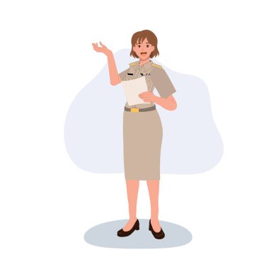 Tayland resmi üniformalı kadın memur ayakta duruyor ve bilgiyi açıklıyor.