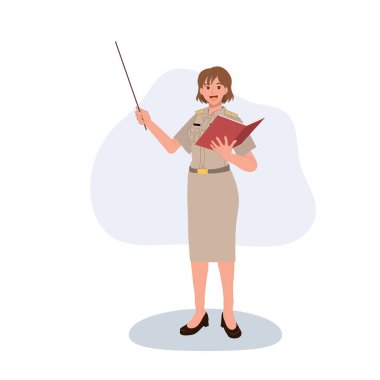 Resmi üniformalı kadın eğitimcinin öğretmenlik eğitimi illüstrasyonu sunum dersi