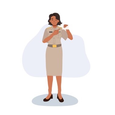 Resmi üniformalı devlet memuru kadın kimlik kartı gösteriyor. Modern düz çizimler.