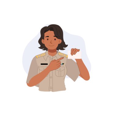 Kamu hizmetinde çalışan kadın, boş bir karta işaret ediyor. Kimlik kavramları için uygun,