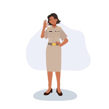 Resmi üniformalı kadın devlet memuru, kendinden emin bir şekilde tüm vücudunu gösteriyor.