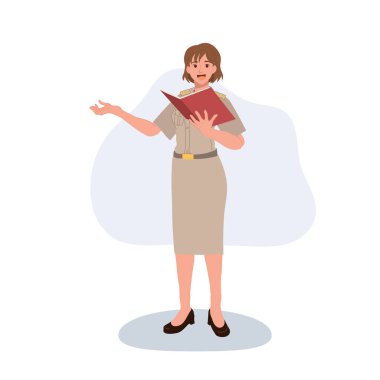 Kadın hükümet memuru elinde kitap tutuyor ve eğitim kavramını anlatıyor