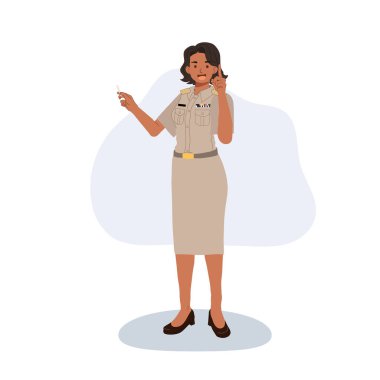 Taylandlı devlet memuru resmi üniformalı kadın devlet memuru ayakta duruyor ve konsepti anlatıyor