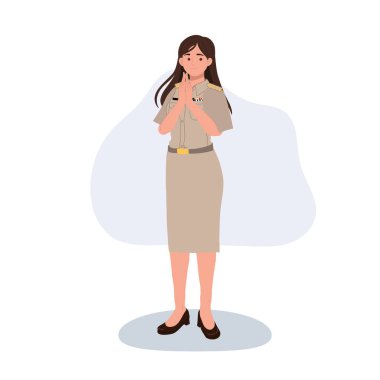 Taylandlı resmi üniformalı kadın, Tayland kamu hizmetleri kültüründe saygı ve profesyonelliği temsil ediyor.