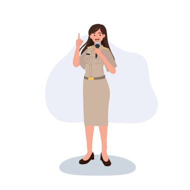 Bayan Tayland Hükümeti bir mikrofon tutuyor, parmağını kaldırıyor, konuşuyor ya da duyuru yapıyor.