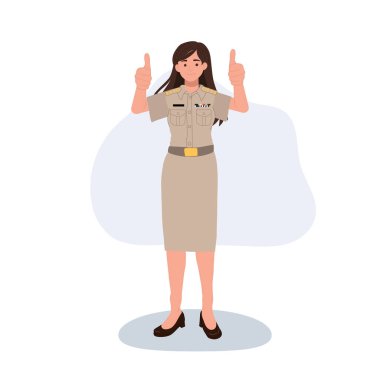 Resmi üniformalı Asyalı kadın hükümet çalışanı olumlu. çift başparmak pozu