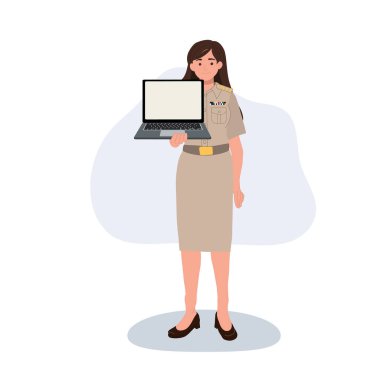 Eğitim teknolojisi kadın devlet memuru dizüstü bilgisayarla sunum düz tasarım karakter