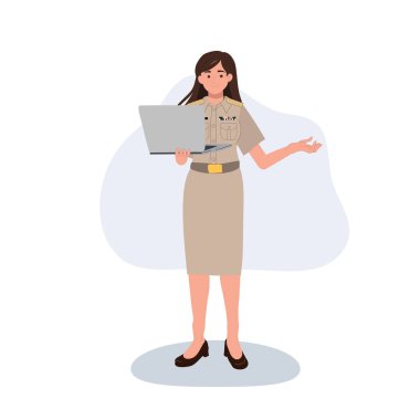 Resmi üniforma dizüstü bilgisayarı sunumunda online öğrenim gören kadın öğretmen sanal sınıf