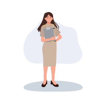 Devlet memuru kadın pano resmi üniforma düz çizim tutuyor.