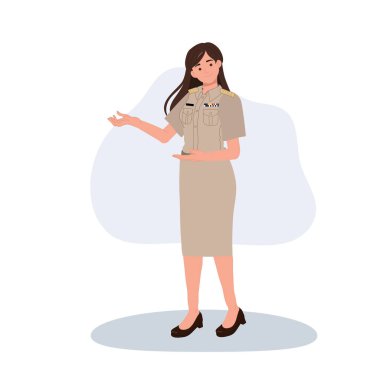 Devlet memuru kadın el hareketi ile sunum resmi üniforma düz çizim