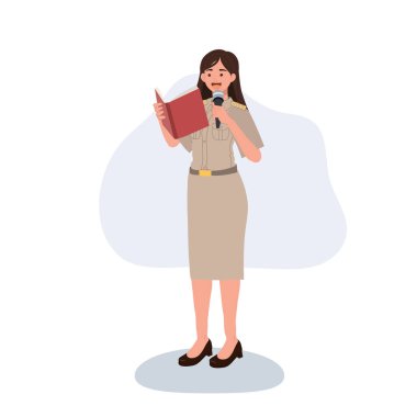 Resmi üniformalı kadın öğretmen ile hoparlör konferans semineri atölyesi karakteri