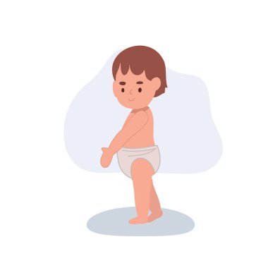 Bebek bezi takmış, yan gözle bakıyor. Bebek bezi giyen sevimli bir çocuk.