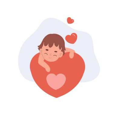 Sevgi dolu bir çocuk kocaman bir kalbe sarılıyor. Sevgi dolu bir çocuk kırmızı kalbi kucaklıyor şefkat dolu bir zihinsel sağlık desteği.