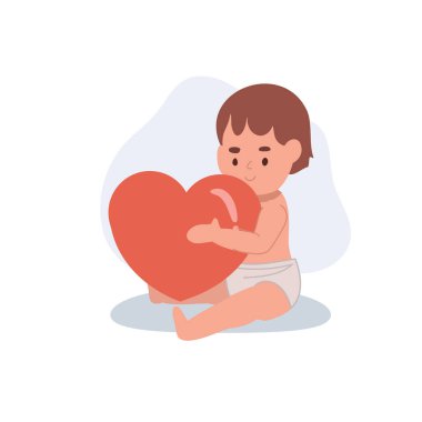 Bebek bezli tatlı bir çocuk büyük kırmızı bir kalbe sarılıyor, anneler günü. Çocuk odası temalı