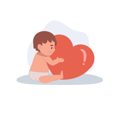 Bebek bezi takmış tatlı bir çocuk. Kucaklayan kırmızı kalp aşk konsepti..