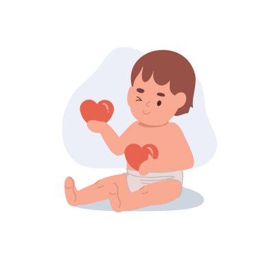 Bebek bezli çocuk elinde kırmızı kalplerle aile sevgisi ve ebeveynlik teması için sevimli bir çizgi film tutuyor.