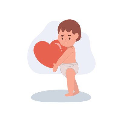 Sevimli bebek ayakta duruyor ve kırmızı bir kalbe sarılıyor, şefkat, nezaket ve aile bakımını ifade ediyor.