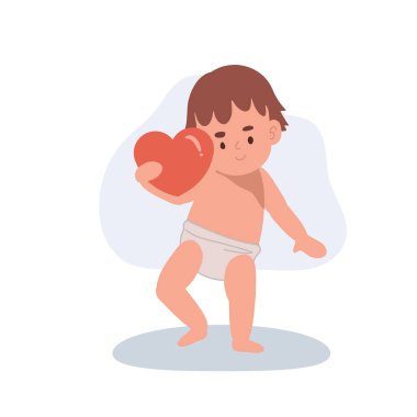 Güzel bir bebek yürüyor ve omzunda kırmızı bir kalp taşıyor. Tebrik kartı ve kreş için.