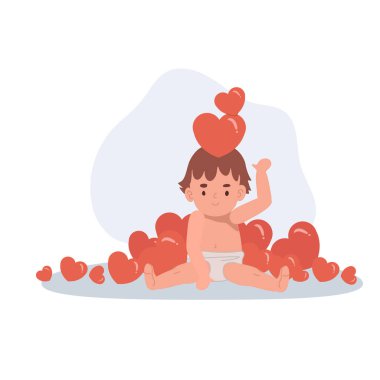 Sevimli bir bebek oturuyor, bir kolu havada, etrafında bir sürü kırmızı kalp ve kafasının üstünde iki kalp var.,